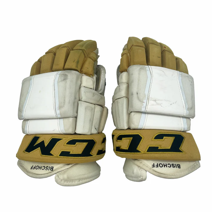CCM HG97PP - Used NHL Pro Stock Hockey Glove - Vegas Golden Knights (White/Gold)